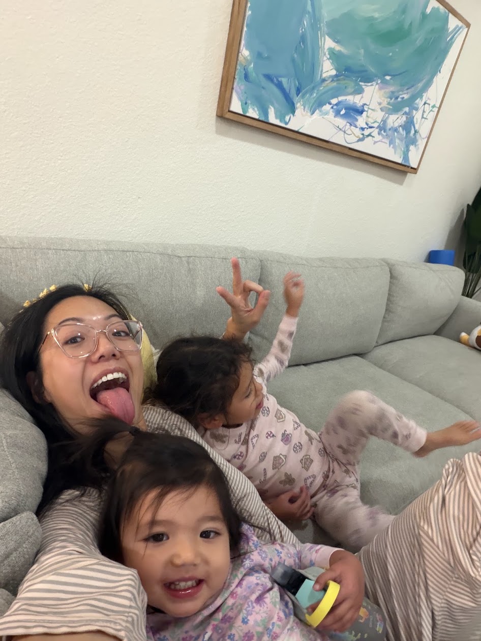 Frances and her kids on the couch